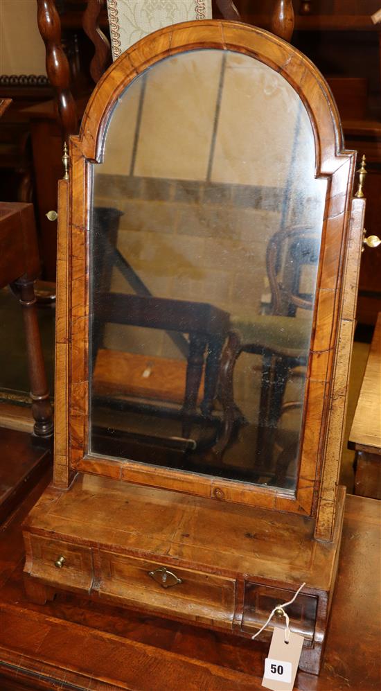 An early 18th century walnut toilet mirror, Width 38cm